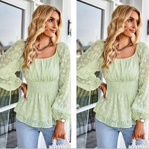 Green Applique Balloon Sleeve Peplum Blouse